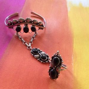 Vintage Onyx Bracelet chained with Onyx Ring  S